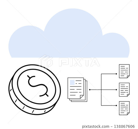 Cloud technology, data management, financial computing, digital transactions, data sharing, information processing. Coin symbol, cloud documents linked in hierarchy. Cloud technology and data Cloud technology, data management, financial computing, digital transactions, data sharing, information processing. Coin symbol, cloud documents linked in hierarchy. Cloud technology and data 138867606
