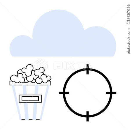 Multimedia, streaming, entertainment, precision, focus, data storage. Blue cloud, popcorn bucket and crosshair target. Multimedia and streaming concepts tied to entertainment and focus 138867636