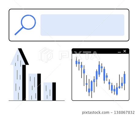 Business strategy, economic forecasting, data trends, financial analytics, online tools, digital research. Search bar, bar chart and statistics graph. Business strategy and economic forecasting 138867832