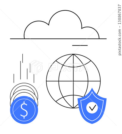 Financial security, cloud computing, global business, transaction services, data protection, digital economy. A cloud, coins, globe and shield financial security and cloud computing Financial security, cloud computing, global business, transaction services, data protection, digital economy. A cloud, coins, globe and shield financial security and cloud computing 138867837