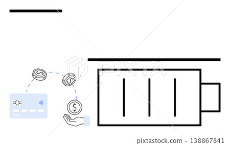 Financial transactions, digital wallets, energy consumption, power management, renewable energy, ecommerce. A credit card, hand with money coins and a battery symbol. Financial transactions 138867841