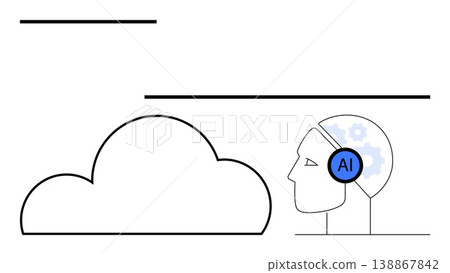 Cloud technology, artificial intelligence, machine learning, automation, data storage, innovation. Outline of a cloud and human profile with AI symbol and gears. Artificial intelligence and cloud Cloud technology, artificial intelligence, machine learning, automation, data storage, innovation. Outline of a cloud and human profile with AI symbol and gears. Artificial intelligence and cloud 138867842