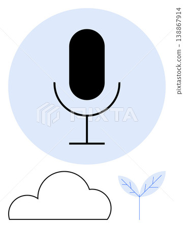 Voice technology, cloud storage, podcasting, eco-friendly innovation, audio streaming, tech branding. A microphone icon with a cloud and leaf illustration. Voice technology and cloud storage concepts 138867914