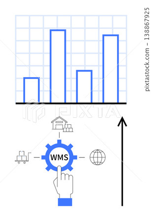 Logistics, supply chain management, business efficiency, warehouse tracking, e-commerce operations, inventory control. Bar chart with WMS gear, cart warehouse and upward arrow. Logistics and supply Logistics, supply chain management, business efficiency, warehouse tracking, e-commerce operations, inventory control. Bar chart with WMS gear, cart warehouse and upward arrow. Logistics and supply 138867925