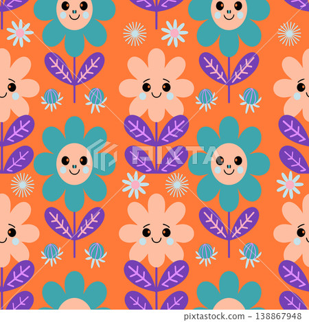 Vibrant seamless pattern with cute smiling flowers in retro colors. Perfect for kids apparel, nursery decor, stationery, and commercial branding. 138867948