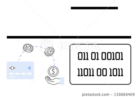 Digital transactions, online payments, financial technology, e-commerce platforms, secure payments, cashless systems. Hand transferring money with card and binary code visualization. Digital 138868409