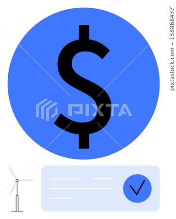 Renewable energy, clean energy funding, ecological investments, financial security, sustainability, energy credit verification. Dollar symbol, turbine and check mark. Renewable energy and clean 138868437