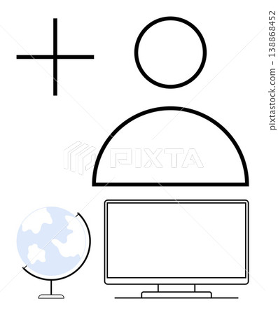 Online education, global learning, digital communication, virtual networking, classrooms, and global connectivity. Person outline, plus symbol earth globe monitor. Online education and global Online education, global learning, digital communication, virtual networking, classrooms, and global connectivity. Person outline, plus symbol earth globe monitor. Online education and global 138868452