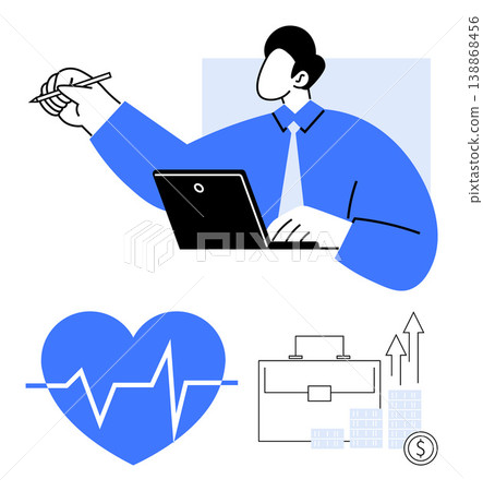 Business growth, healthcare management, financial services, productivity, wellness, strategic planning. A businessperson with a laptop, a heart with a pulse line financial growth symbols. Business Business growth, healthcare management, financial services, productivity, wellness, strategic planning. A businessperson with a laptop, a heart with a pulse line financial growth symbols. Business 138868456