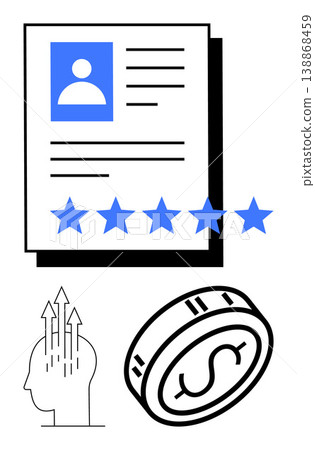 Employee evaluation, career growth, financial performance, talent recruitment, business strategy, team management. Profile with ratings, upward arrows and a dollar coin. Career growth and financial Employee evaluation, career growth, financial performance, talent recruitment, business strategy, team management. Profile with ratings, upward arrows and a dollar coin. Career growth and financial 138868459