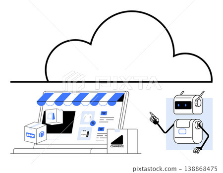 E-commerce, AI integration, cloud technology, online shopping, logistics, digital storefront. Digital storefront under a cloud with delivery packages and robot. E-commerce and AI integration concept E-commerce, AI integration, cloud technology, online shopping, logistics, digital storefront. Digital storefront under a cloud with delivery packages and robot. E-commerce and AI integration concept 138868475