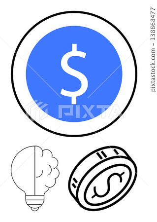 Finance, innovation, economy, financial planning, creativity, investment. Blue dollar symbol, a coin and a brain-shaped lightbulb. Finance and innovation through creative symbols Finance, innovation, economy, financial planning, creativity, investment. Blue dollar symbol, a coin and a brain-shaped lightbulb. Finance and innovation through creative symbols 138868477