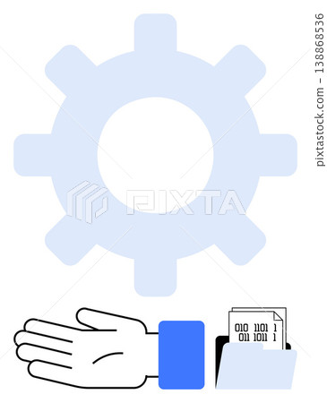 Automation, data management, coding, workflow optimization, digital tools, technology integration. Gear symbol above a hand binary code file. Automation and data management 138868536