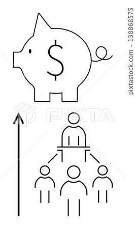 Financial planning, teamwork, savings, business strategy, economic growth, investment opportunities. A piggy bank with a dollar sign and an organizational hierarchy chart. Financial planning 138868575