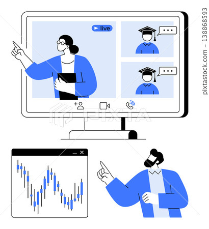 Online learning, stock trading, remote communication, e-learning tools, financial analysis, digital collaboration. People in a video conference call and stock market chart. Online learning and stock Online learning, stock trading, remote communication, e-learning tools, financial analysis, digital collaboration. People in a video conference call and stock market chart. Online learning and stock 138868593