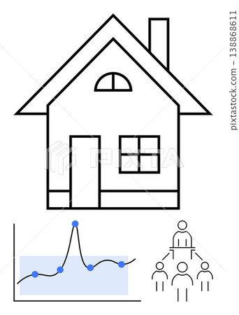 Real estate trends, housing market analysis, urban development, property investment, community dynamics, economic planning. House outline, growth chart and community network elements. Real estate 138868611