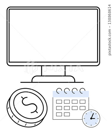 Time management, financial planning, business scheduling, productivity, digital tools, efficiency. A monitor, coin calendar and clock in a minimalist style. Time management and financial planning Time management, financial planning, business scheduling, productivity, digital tools, efficiency. A monitor, coin calendar and clock in a minimalist style. Time management and financial planning 138868614