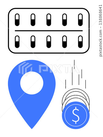 Healthcare costs, medication pricing, location services, medical economics, digital health, economic accessibility. Pills, blue location marker and coins. Healthcare costs and medication pricing Healthcare costs, medication pricing, location services, medical economics, digital health, economic accessibility. Pills, blue location marker and coins. Healthcare costs and medication pricing 138868641
