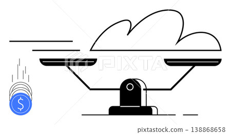 Cloud technology, financial management, cost optimization, digital economy, business analysis, IT solutions. A scale balancing a cloud and falling coins. Cloud technology and financial management Cloud technology, financial management, cost optimization, digital economy, business analysis, IT solutions. A scale balancing a cloud and falling coins. Cloud technology and financial management 138868658