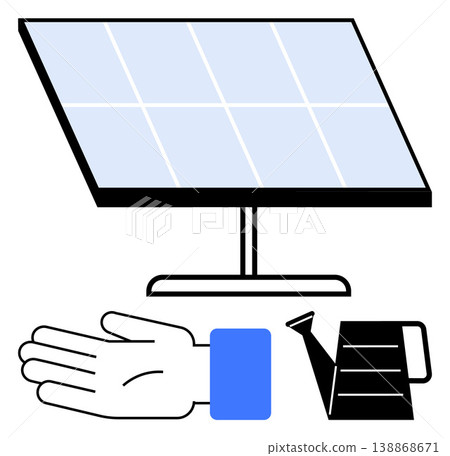 Renewable energy, green technology, sustainability, eco-friendly living, clean energy, future innovation. Solar panel, hand and watering can green technology. Renewable energy and sustainability Renewable energy, green technology, sustainability, eco-friendly living, clean energy, future innovation. Solar panel, hand and watering can green technology. Renewable energy and sustainability 138868671