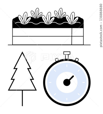 Agriculture, sustainability, time management, environmental conservation, ecofriendly practices, growth. Raised garden bed, stopwatch and a pine tree symbol. Sustainability and time management 138868680