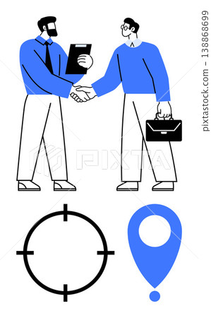 Business agreements, professional networking, goal setting, location services, collaboration, and corporate meetings. Two people shaking hands, target icon and a location pin. Business agreements Business agreements, professional networking, goal setting, location services, collaboration, and corporate meetings. Two people shaking hands, target icon and a location pin. Business agreements 138868699