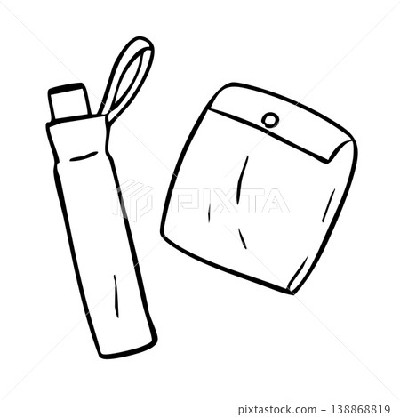 Folding umbrella and raincoat - line drawing Folding umbrella and raincoat - line drawing 138868819