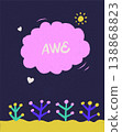 Whimsical inspirational poster in girly doodle style. Cute cartoon night landscape with pink speech cloud text AWE, hearts and stylized flowers. Hand drawn vector illustration for wall art and 138868823