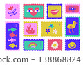 Cute quirky postage stamps set with doodle symbols. Colorful girly cartoon illustrations of smiley face, flowers, heart eyes, fish and bird. Hand drawn vector mail stickers for scrapbook, planner and 138868824