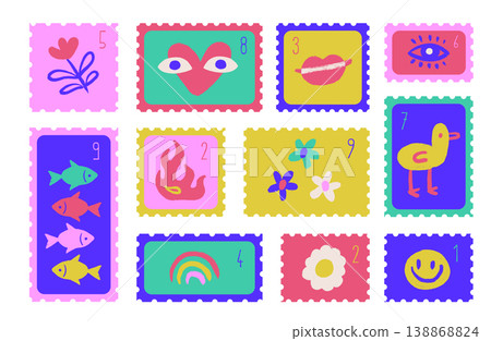 Cute quirky postage stamps set with doodle symbols. Colorful girly cartoon illustrations of smiley face, flowers, heart eyes, fish and bird. Hand drawn vector mail stickers for scrapbook, planner and Cute quirky postage stamps set with doodle symbols. Colorful girly cartoon illustrations of smiley face, flowers, heart eyes, fish and bird. Hand drawn vector mail stickers for scrapbook, planner and 138868824