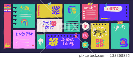 Colorful girly sticky notes and planner dashboard. Fun cartoon hand drawn memos with self love quotes, task lists and goals on dark background. Cute vector template for digital planner and bullet 138868825