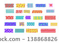 Colorful washi tape strips set with hand drawn patterns. Cute girly masking tape stickers with dots, stripes, flowers and abstract doodles. Vector decorative adhesive labels for planner, scrapbook and 138868826