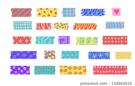 Colorful washi tape strips set with hand drawn patterns. Cute girly masking tape stickers with dots, stripes, flowers and abstract doodles. Vector decorative adhesive labels for planner, scrapbook and 138868826