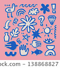 Blue funky hand drawn doodles and weird shapes set. Cute girly cartoon paper cutouts with bird, star and diamond on pink background. Expressive messy scrapbooking stickers collection. 138868827