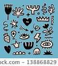 Black and white hand drawn messy doodles set. Funky girly scrapbooking stickers and paper cutouts with eye, heart and flower. Expressive cartoon sketches collection. Vector 138868829