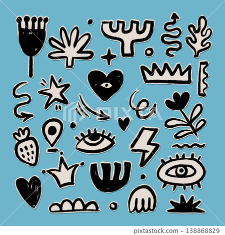Black and white hand drawn messy doodles set. Funky girly scrapbooking stickers and paper cutouts with eye, heart and flower. Expressive cartoon sketches collection. Vector Black and white hand drawn messy doodles set. Funky girly scrapbooking stickers and paper cutouts with eye, heart and flower. Expressive cartoon sketches collection. Vector 138868829