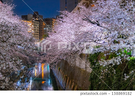 A beautiful night view of cherry blossoms along the Kanda River in Tokyo, where cherry trees in full bloom intertwine with the surrounding skyscrapers. 138869182
