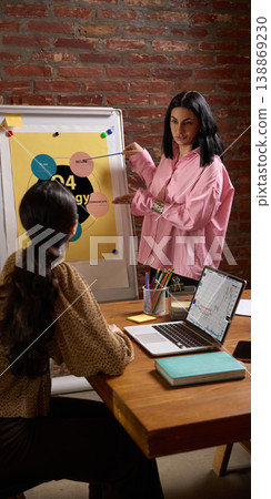 Business coach explaining strategy plan to employee pointing at flip chart during meeting. Business coach explaining strategy plan to employee pointing at flip chart during meeting. 138869230