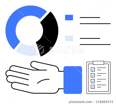 Business analysis, project management, workflow organization, task tracking, decision-making, performance monitoring. Pie chart, checklist clipboard hand gesture. Business analysis and project Business analysis, project management, workflow organization, task tracking, decision-making, performance monitoring. Pie chart, checklist clipboard hand gesture. Business analysis and project 138869333