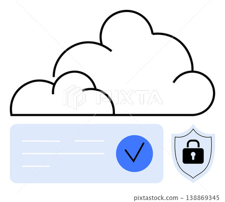 Cloud technology, cybersecurity, data safety, authentication, online protection, verified access. A cloud with a checkmark, shield and data panel. Cloud technology and cybersecurity concept 138869345