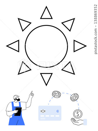 Sustainability, clean energy, digital payments, financial operations, renewable resources, worker roles. Minimalist sun with worker and payment imagery. Clean energy and digital payments concepts 138869352