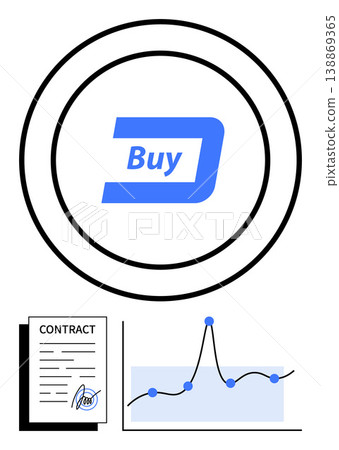 E-commerce, financial transactions, data analysis, digital contracts, investment, online sales. Circular buy icon with growth graph and signed contract. E-commerce and financial transactions concept E-commerce, financial transactions, data analysis, digital contracts, investment, online sales. Circular buy icon with growth graph and signed contract. E-commerce and financial transactions concept 138869365