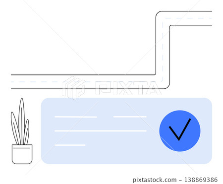 Goal setting, workflow design, organization, task completion, success tracking, career planning. Blue checkmark on card, pathway illustration and plant. Goal setting and workflow organization 138869386