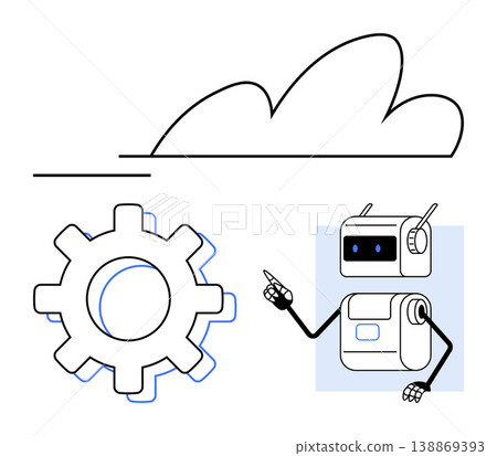 Automation, technology, cloud computing, robotics, innovation, AI development. A cloud, gear and pointing robot in a clean graphic style. Automation and technology Automation, technology, cloud computing, robotics, innovation, AI development. A cloud, gear and pointing robot in a clean graphic style. Automation and technology 138869393