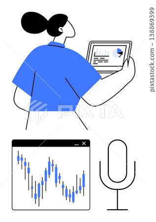 Business insights, analytics, stock trading, remote presentations, audio tools, and digital data. A figure holds a tablet with charts, next to trading graphs and a microphone. Business insights Business insights, analytics, stock trading, remote presentations, audio tools, and digital data. A figure holds a tablet with charts, next to trading graphs and a microphone. Business insights 138869399