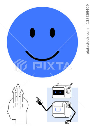 Positivity, mental improvement, technology, innovation, emotional intelligence, futuristic design. A smiling face, head with upward arrows and a robot pointing. Positivity and mental improvement in 138869409
