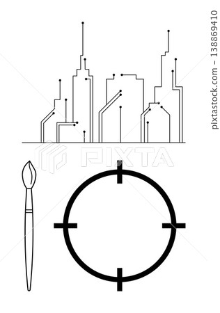 Technology, creativity, urban planning, target, modern design, art concepts. Minimalistic cityscape with digital connections, a paintbrush and circular target symbol. Technology and creativity Technology, creativity, urban planning, target, modern design, art concepts. Minimalistic cityscape with digital connections, a paintbrush and circular target symbol. Technology and creativity 138869410