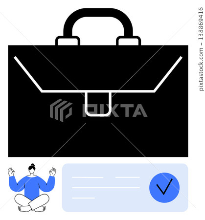 Productivity, business workflow, mindfulness practices, organization, goal achievement, task management. Black briefcase, meditating figure and a checkmark icon. Productivity and mindfulness concept Productivity, business workflow, mindfulness practices, organization, goal achievement, task management. Black briefcase, meditating figure and a checkmark icon. Productivity and mindfulness concept 138869416