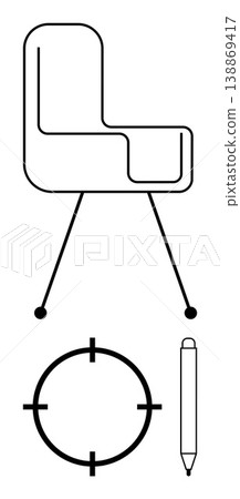 Interior design, creativity tools, graphic design, accuracy, minimalism, technology. Clean black line art features a chair, target icon and pen. Interior design and creativity tools concept Interior design, creativity tools, graphic design, accuracy, minimalism, technology. Clean black line art features a chair, target icon and pen. Interior design and creativity tools concept 138869417