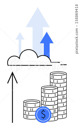 Business development, investment growth, financial savings, profit increase, digital economy, wealth management. Stacked coins with upward arrows signifying growth. Business development 138869418